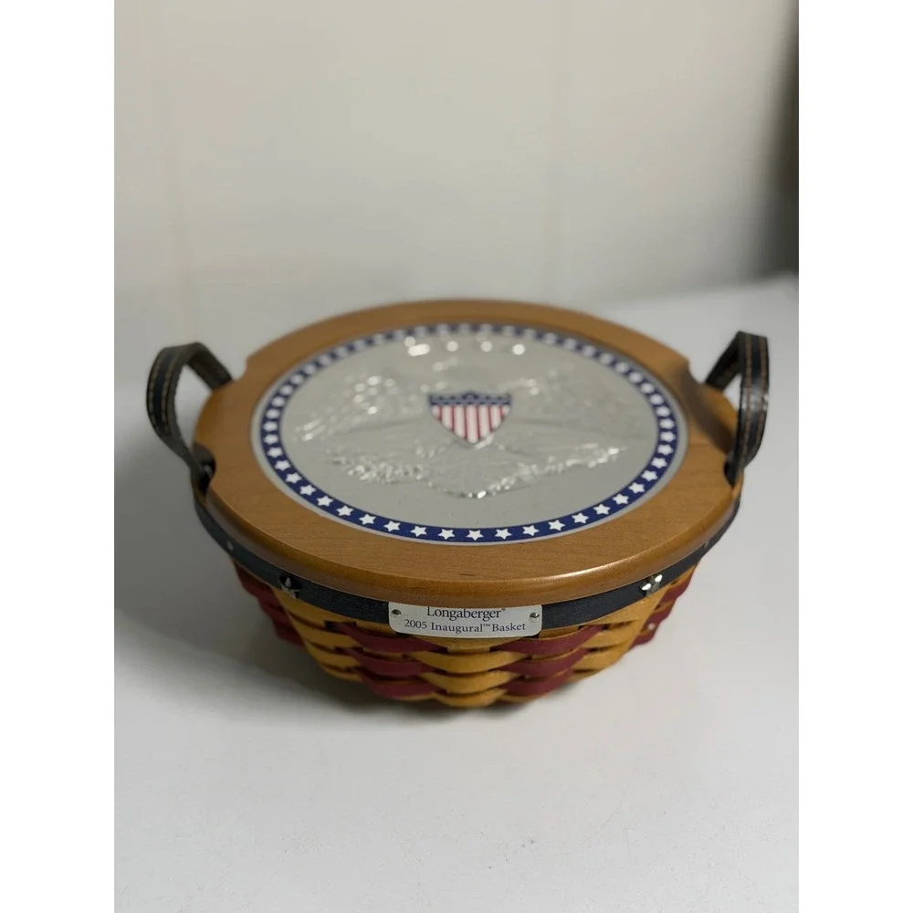 Longaberger 2005 Inaugural Basket Brown Woven Patriotic Eagle Lid Liner Tie-On